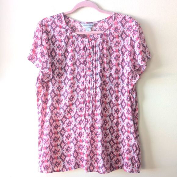 Christopher & Banks Short Sleeve Gauze Printed Blouse Top Pink Size Large - Picture 1 of 5